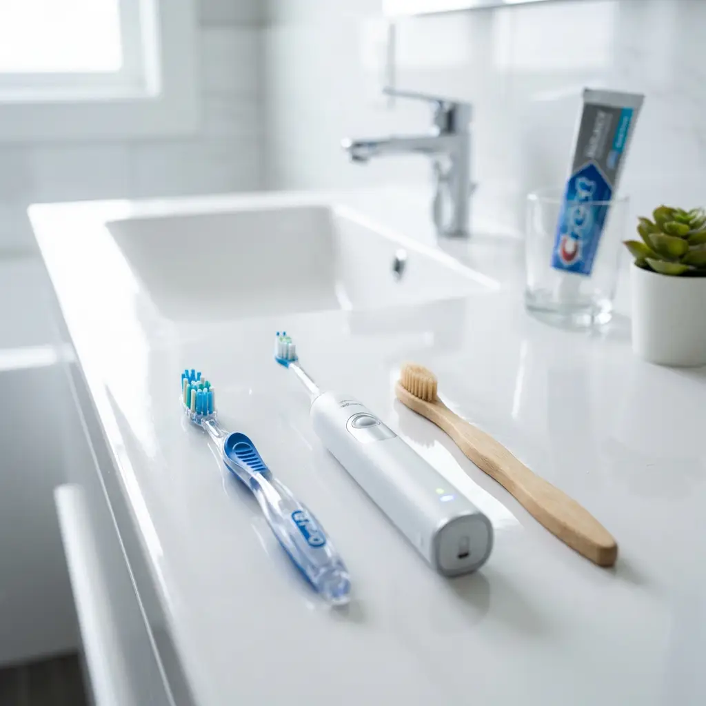 Manual, electric, and wooden toothbrushes placed on white bathroom sink counter