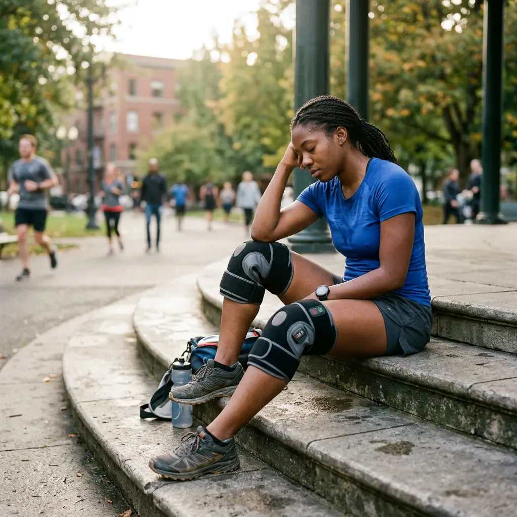 Woman wearing knee braces sitting on steps resting with head on hand