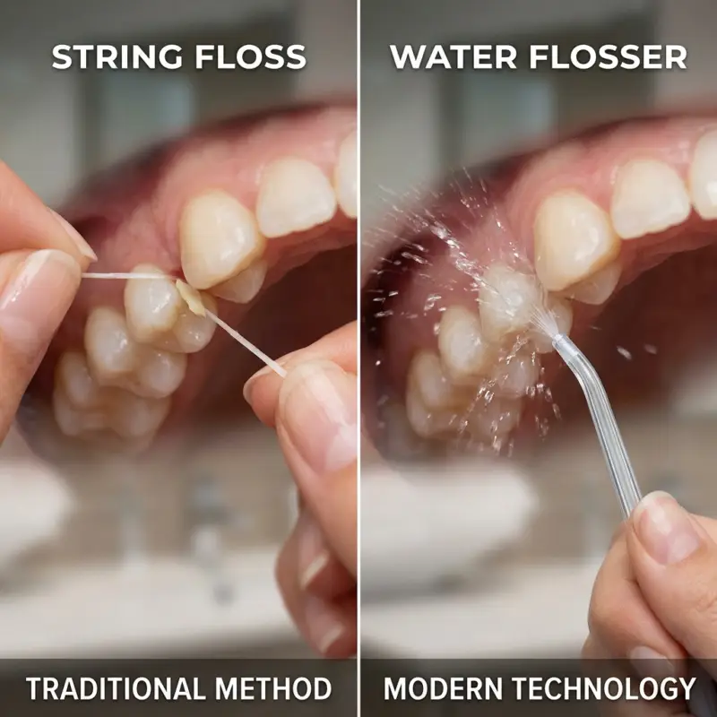 Using string floss between teeth versus a water flosser spraying water