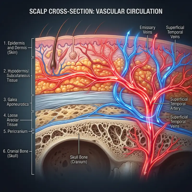Scalp cross-section labeled with skin layers, bone, arteries, and veins