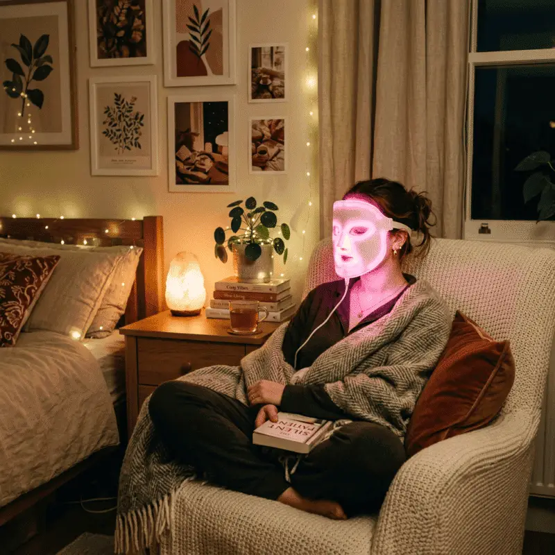 Woman sitting in armchair wearing glowing LED facial mask holding a book in a warmly lit room