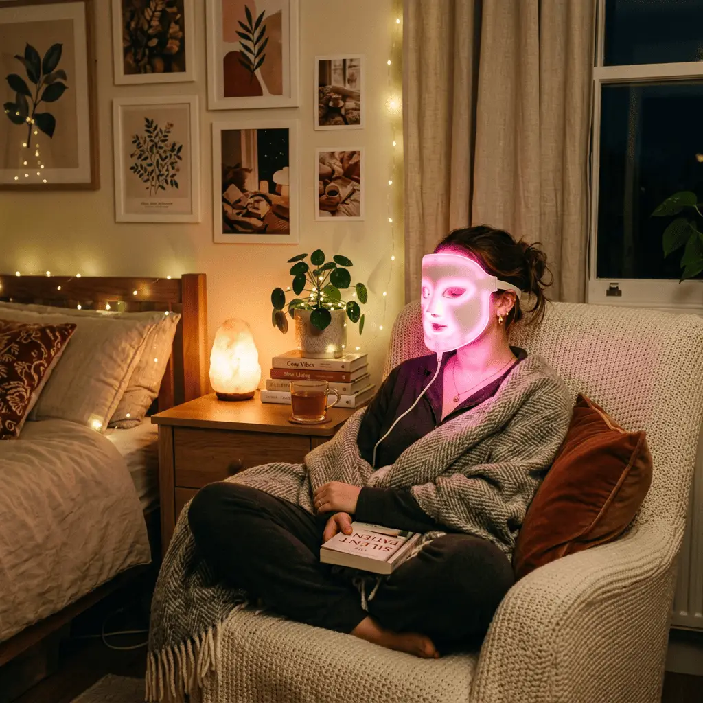 Woman sitting in armchair wearing glowing LED facial mask holding a book in a warmly lit room