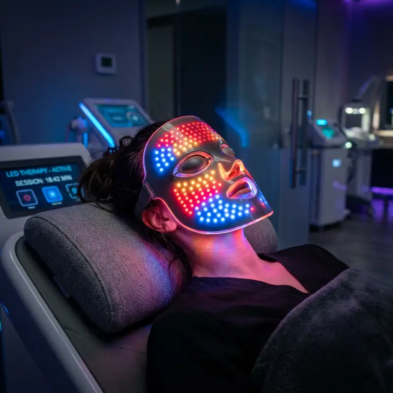 Person wearing LED mask for facial light therapy treatment